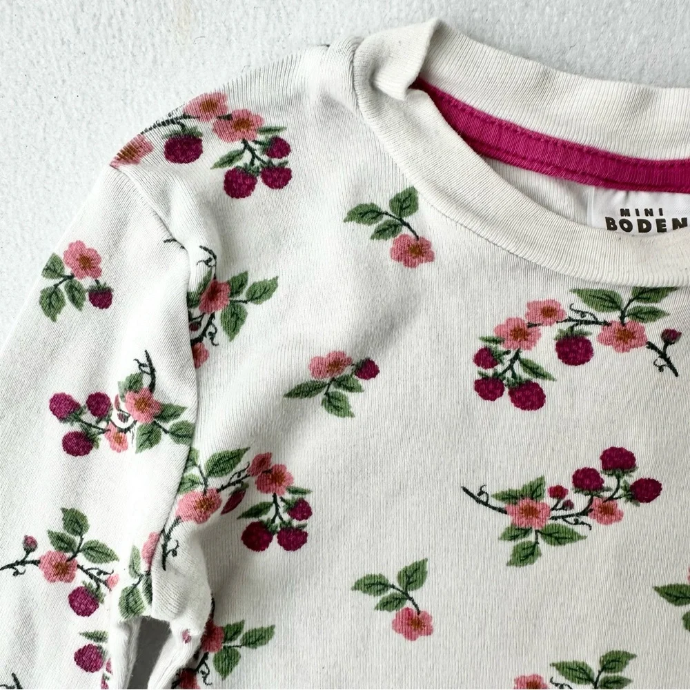 Mini Boden Girls White Floral Long Sleeve Top Pink White Crew Neck 100% Cotton 4